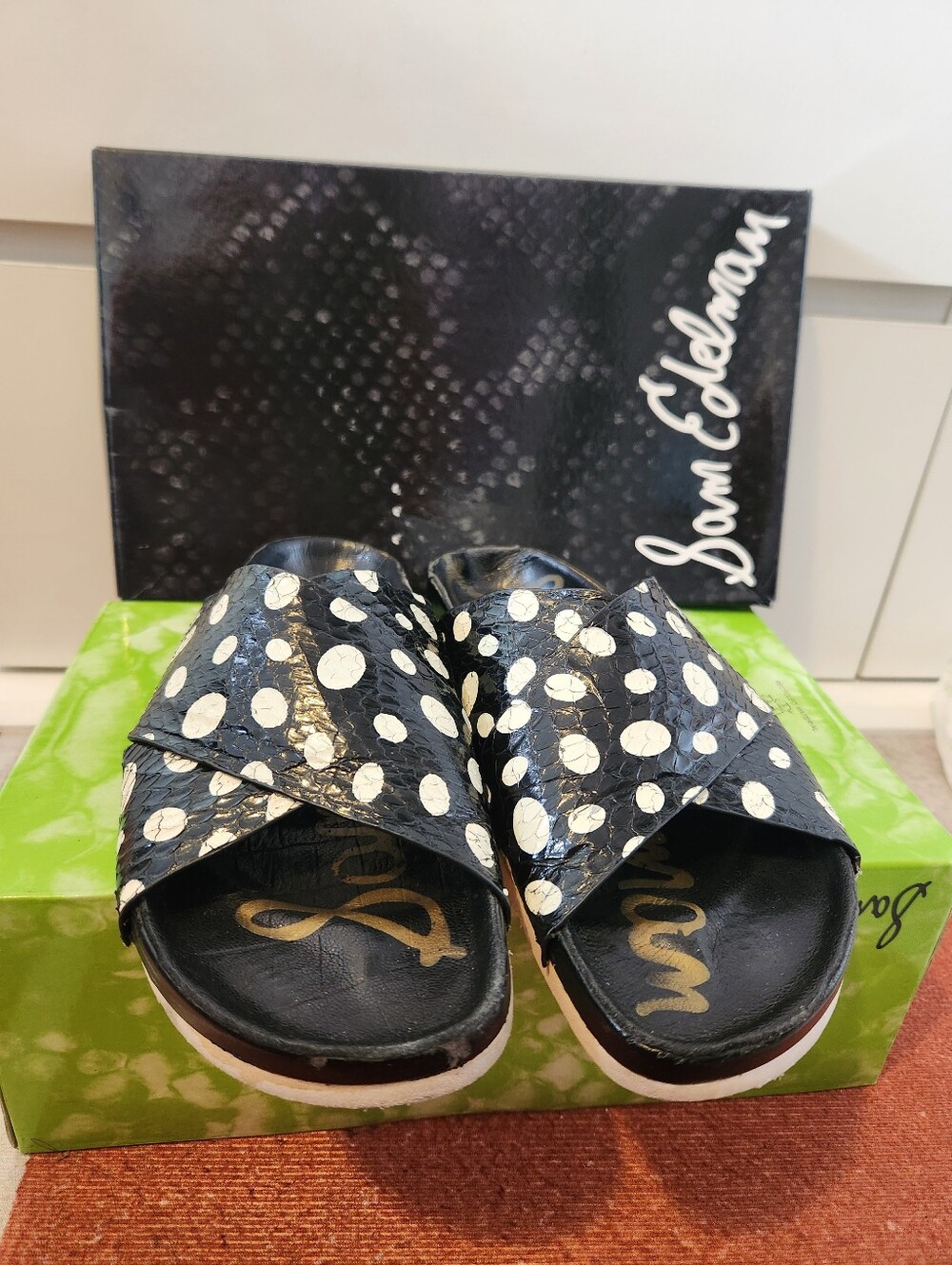 Sam Edelman Adora Polka Dot Crisscross Slide Sandals Size 6M Black White Leather